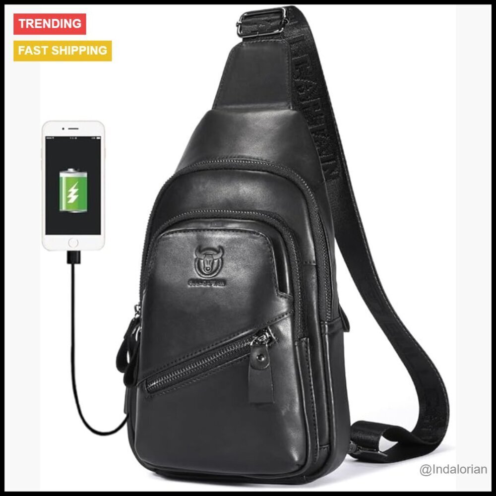 Genuine Leather Sling Chest Bag Crossbody Backpack USB Charging Port Adjustable